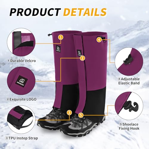 HIGH EXPERIENCE Leg Gaiters 100% Waterproof Adjustable Shoe Snow Boot Guard Gators for Hiking Shoe Cover Hunting Snowshoeing Climbing Walking for Women Men (Purple)