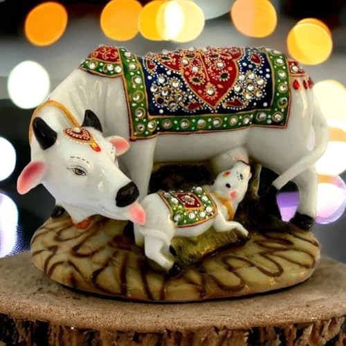 Image of SAUDEEP INDIA Decorative Resin Cow and Calf Idol for Home Decor & Vastu | Auspicious Kamdhenu Cow Showpiece with Rakhi for Brother | Raksha Bandhan Gift for Bhai | Spiritual Decorative Figurine