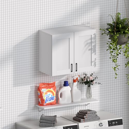 Image of White Laundry Room Cabinets and Storage with 2 Doors and Utility Adjustable Shelf,Gabinetes Para Cocina Cupboard Kitchen Organizers and Storage Pantry Wall Mounted 12.4 inchD x 23.6 inchW x 19.7 inchH