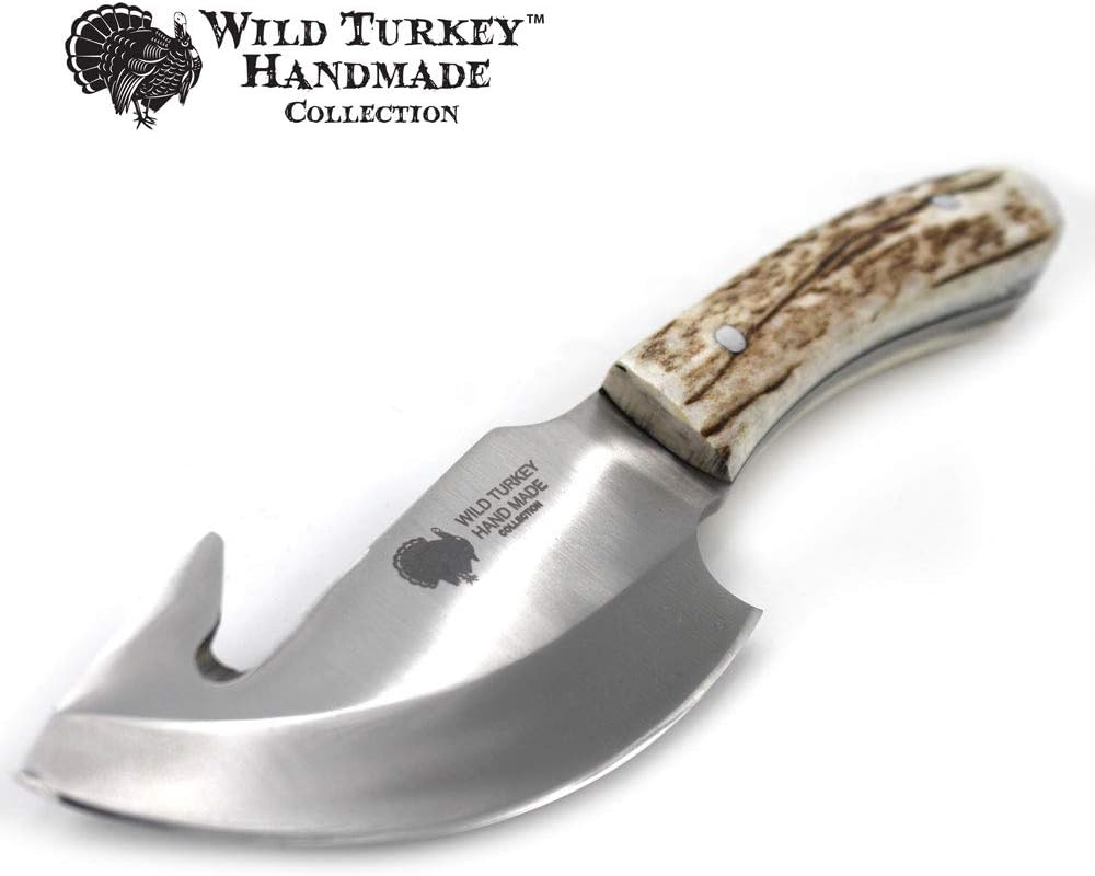 Wild Turkey Handmade Collection Full Tang Fixed Blade Gut Hook Skinner Knife w/Leather Sheath. (Stag) - Image 2