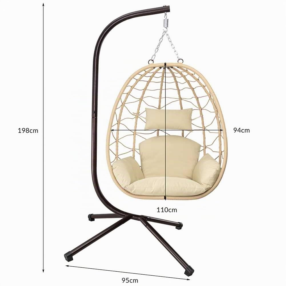Bakaji Sillón Colgante de jardín, Silla Mecedora Hamaca para Exterior, Estructura de Metal Nido de ratán y Cuerda + cojín Asiento Acolchado y reposacabezas, diseño Moderno, 198 x 110 x 95 cm (Beige)