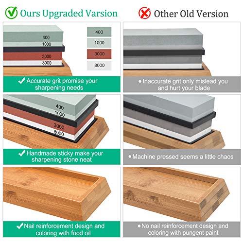Whetstone Knife Sharpening Stone Set - 4 Side Grit 400/1000 and 3000/8000 Waterstone, Whetstone Sharpener Stone Set Includes NonSlip Bamboo Base, Flattening Stone & Angle Guide