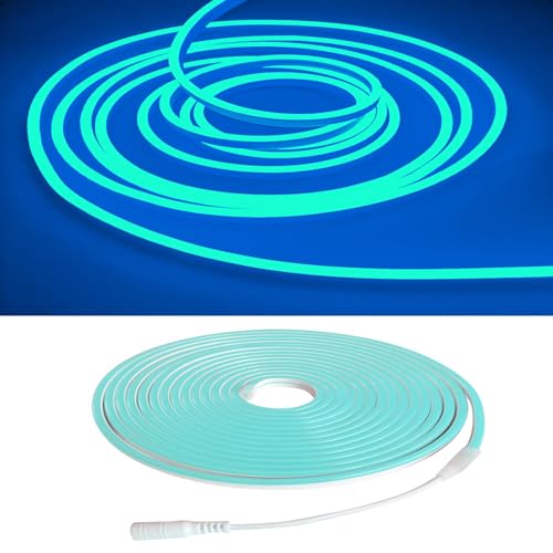 Image of dobestyou Ice Blue Neon LED Strip Lights, 16.4ft 12V DC 600 SMD2835 LEDs Waterproof Flexible Rope Light for Indoor & Outdoor Home Decoration (Power Adapter Not Included)