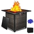 ZAFRO 28” Outdoor Fire Pit Table 50,000 BTU, 2-in-1 Rattan Propane Firepit Table with Glass Stones & Lid, Square Fire Table for Patio, Backyard, Deck, or Garden, Black
