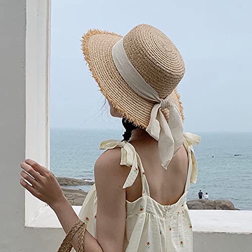UKKO-Chapeau-de-Paille-Summer-Sun-Hat-Bow-Raffia-Hat-Visor-Temperament-Flat-Straw-Hats-Womens-Sea-Beach-Vacation-Leisure-Sunscreen-Hats