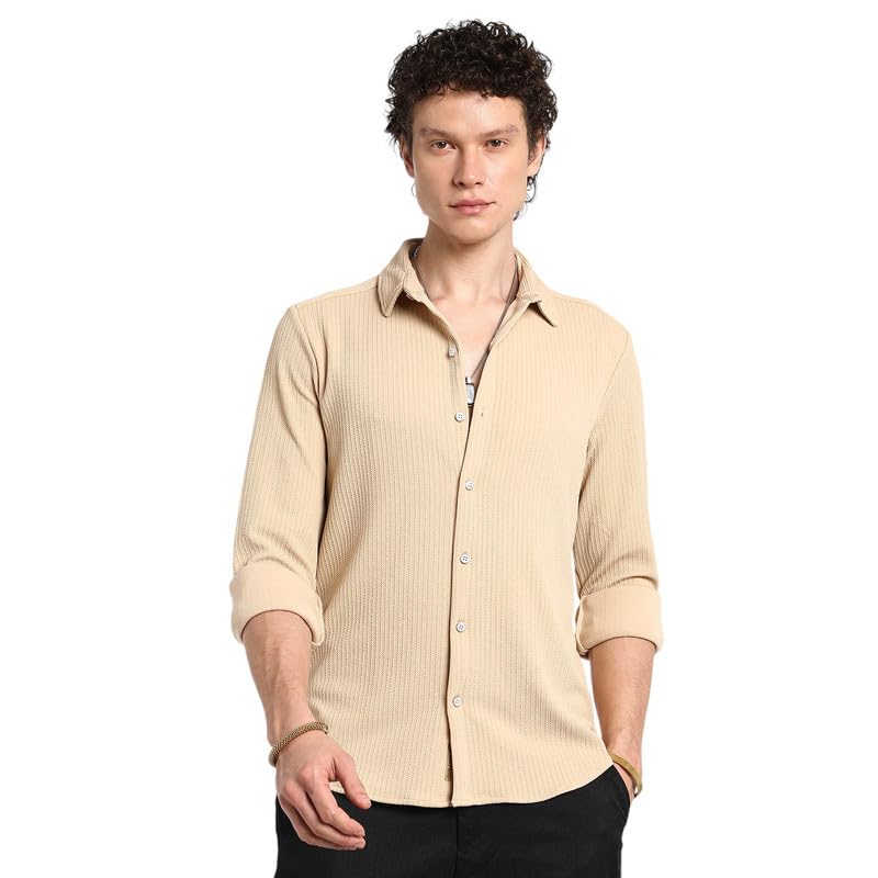 Image of CAHOOT Men's Polycotton Abstract-Textu Shirt |Casual-Wear | Spread Collar | Long Sleeve | Button Closure | Shirt Crafted with Comfort Fit for Everyday Wear