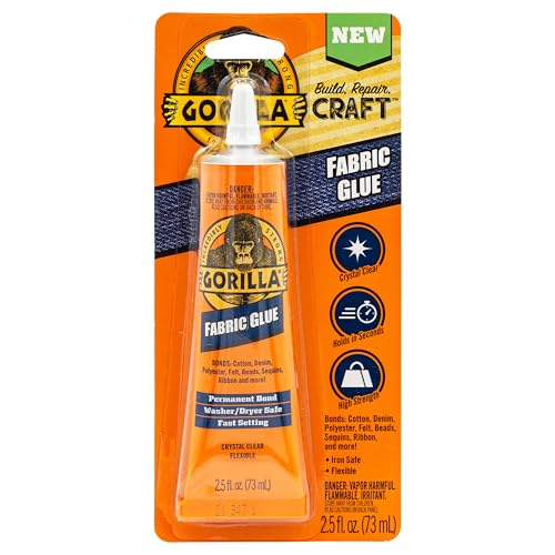 Gorilla Fabric Glue, 100% Waterproof, No Sew Solution, Washer/Dryer Safe, Permanent Bond, 2.5fl oz/73ml, Clear, (Pack of 3))