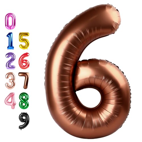 Image of 6 Balloon 40 inch Brown Number Balloons for 6th Birthday Party Decorations | Saturated Color, Large 40 inch, With Inflation Straw & Hanging Holes, Great for Thanksgiving, Vintage & Cowboy Theme Party
