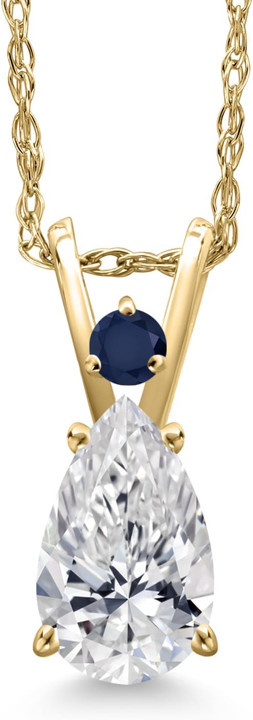 Gem Stone King 14K Yellow Gold DEF Lab Grown Diamond and Blue Sapphire Pendant Necklace for Women | 0.76 Cttw | Gemstone April Birthstone | Pear Shape 8X5MM | With 18 Inch Chain