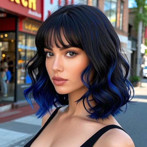 Amarlis Short Wavy Bob Wigs for Women 14 Inch Curly Wig with Bangs Synthetic Wigs for Everyday Party Cosplay Use (Black and Blue)