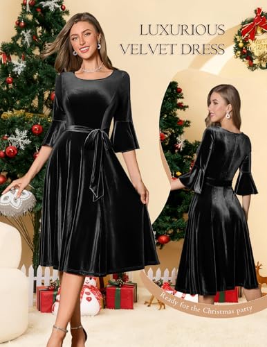Image of HomRain Women's Church Dresses Modest Bell Sleeve Wedding Guest Cocktail Tea Party Vintage Evening Dress