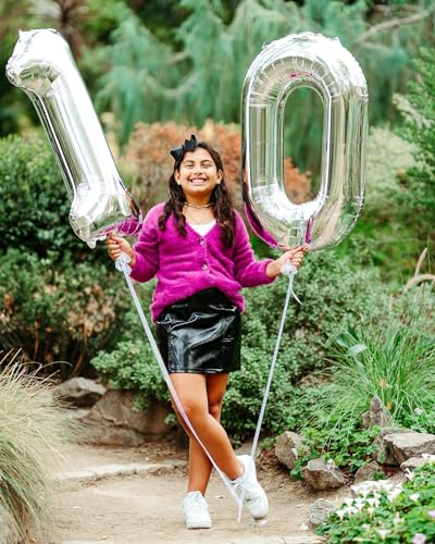 Image of Silver Number 10 Balloon 40 inch, 10 Number Balloons, 10th Silver Birthday Decorations, 10 Year Old Silver Party Supplies