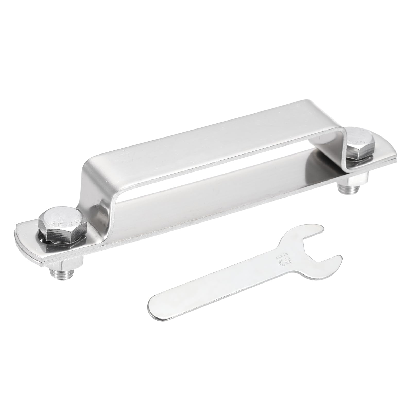 sourcing map U Shape Square Tube Clamp, 80x20mm U Shaped Bracket 304 Stainless Steel Square Strap Clamp with Bolt Plate Nuts and Wrench for Pipes Door Closed Bar Holder Railings