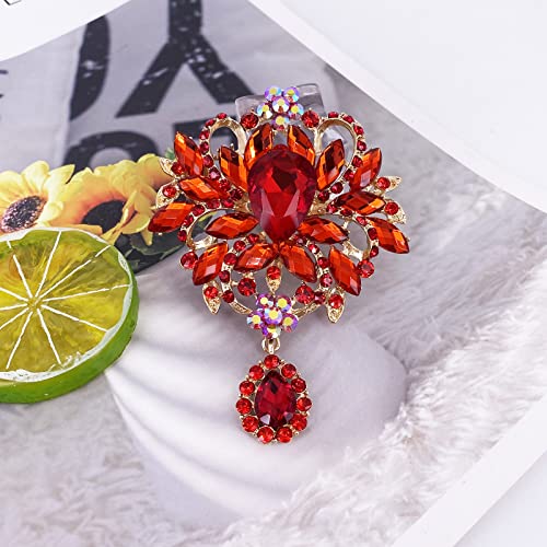 Image of LAXPICOL Wedding Bridal Big Brown Crystal Rhinestone Bouquet Brooch Pin for Women Golden Tone