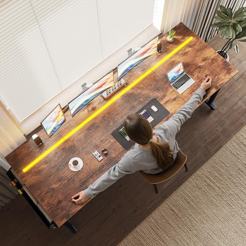 Image of DurayLoly 71 inchComputer Desk with LED Lights, Large Office Desk for 3 monitors or 2 laptops,Long Desk with Storage Bag&Headphone Hook for Study Writing Work Gaming Desk,Sturdy Metal Frame,Bedroom,Brown