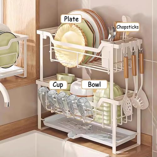 Abtropfgestell für die Spüle, Karbonstahl, Küchenorganizer mit Ablaufschale und 5 Haken, platzsparender Caddy für Küche und Bad