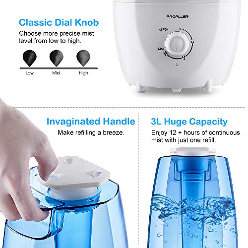 PROALLER Ultrasonic Cool Mist Humidifier Oil Diffuser Vaporizer, 3L/0.8 Gal for Bedroom, Baby, Home, Office, Filter Free, Waterless Auto Off, Portable