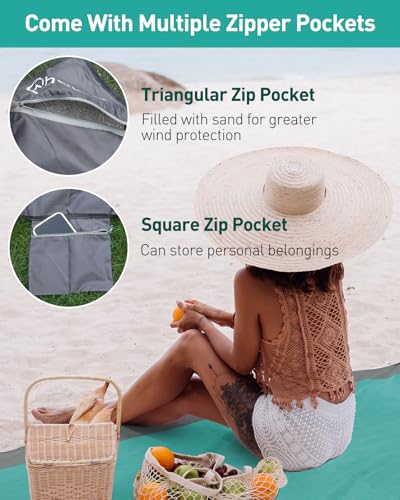 NHOWIN Stranddecke Sandfrei Wasserdicht, Super Groß 210cm x 200cm Strandmatte with 3 Reißverschlusstasche, Ultraleicht und Tragbar Picknickdecke 0.36kg für den Strand, Campen, Picknick, Ausflüge