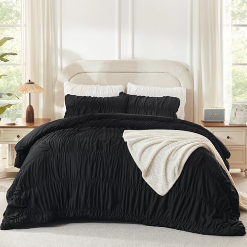Image of Andency Ruched Black Twin Size Comforter Sets, Shabby Chic Pleated Bedding Sets 2 Pieces, Lightweight Soft Boho Ruffle Bed Set for Girls, Kids, Women, All Season