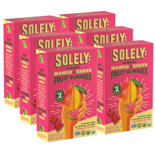 Image of SOLELY - Organic Mango & Guava Whole Fruit Gummies (Pack of 6 Boxes, 5 Bags per Box) - School Snacks - Healthy Snacks for Adults & Kids - Non GMO, Vegan Snacks, Shelf Stable - 30 Bags (3.5 oz)