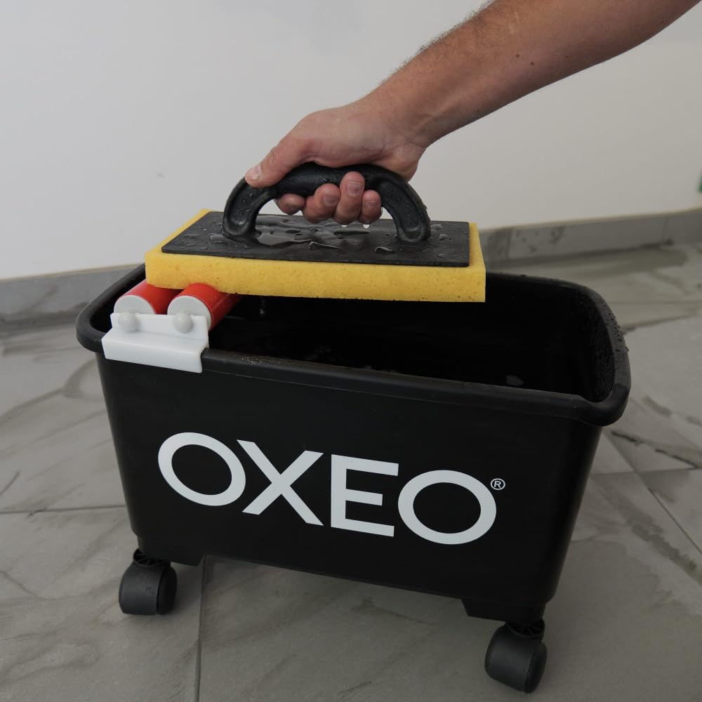 Kit de lavage spécial joints de carrelage pour carreleur - Bac 24L sur roulettes - Taloche éponge - Platoir à jointer - Éponge