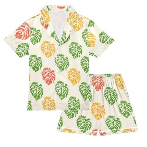 Retro Beautiful Leaves Abstract Pattern Summer Satin Pajama Set, Cute Button-Down Sleepwear Pj Set for Sleep Wears