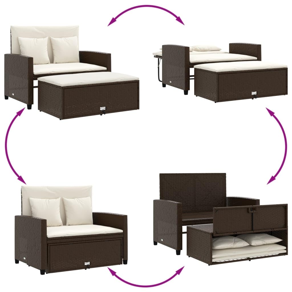Divano da Giardino 2 Posti, in Polyrattan e Acciaio, Design Trasformabile, Set Giardino Esterno, Salotto da Giardino, per Terrazzo e Patio, Colore Marrone, 115x75x91 cm