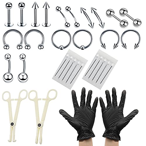 42Pcs Kit de Piercing del Cuerpo, Profesión Aguja de Punción de Acero Inoxidable, Erradura Lengua Labial Ceja Tragus Piercing Corporal Anillos de Ombligo Barbells Cover