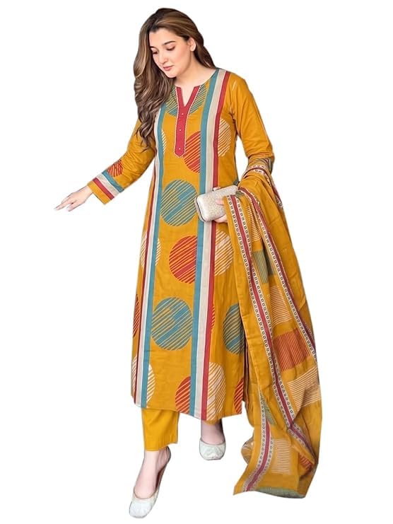 anni designer Cotton Blend Printed Straight Kurta with Pant and Dupatta for Women | Cotton Blend Mustard | Full Sleeve | Round Neck V-Slit | Ethnic Wear Casual Wear-picture-37