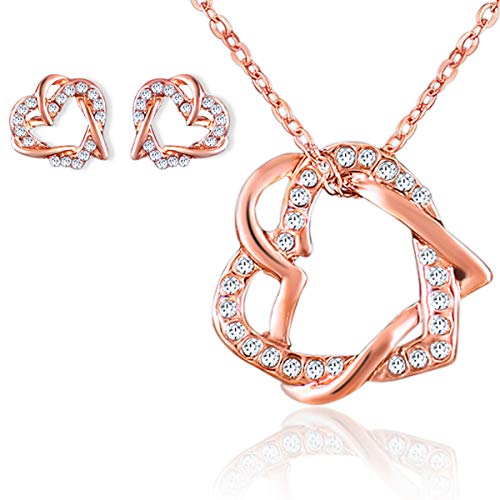 Preisvergleich Produktbild Schmuckhandel Haak *Herz um Herz* Halskette mit Ohrringen / Roségold beschichtet / Swarovski® Kristalle / inkl. Etui und Schmuckzertifikat