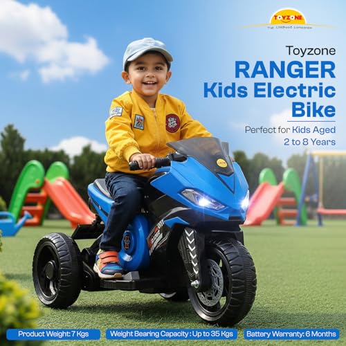 Image of Toyzone Ranger Electric Bike (Blue) | 6V Rechargeable Bike for Kids with 4.5Ah Battery | LED Lights, Music, MP3 /USB /BT | Smooth Acceleration | 6M Battery Warranty | Age 2-8 Years, Up to 35kg