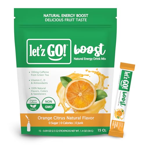 Image of Let'z Go Clean Energy Drink Mix - Natural Caffeine Packets, Vitamins C + D, Electrolytes, Sugar-Free, Zero Calories | Anytime Energy | 15 Count (Orange Citrus)