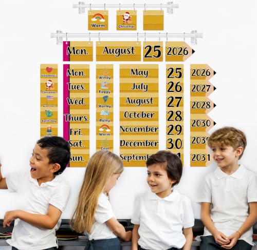 EggSun 96 Cards Classroom Bulletin Board Decorations Set for Teachers,Flip Calendar with Holder for Classroom,Adjustable Calendar,Preschool Elementary Home Decor Supplies（Pencil）