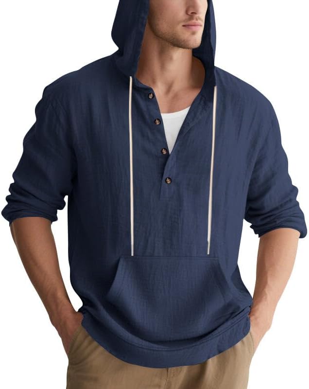 Men's Linen Hoodie Lightweight Hawaiian Shirt Casual Beach Shirt with Pockets - Image 3