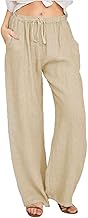 Yutdeng Linen Pants Women Summer Wide Pants Cotton High Waist Elastic Drawstring Casual Long Pants for Women with Pockets Fashion Yoga Pants Wide Leg