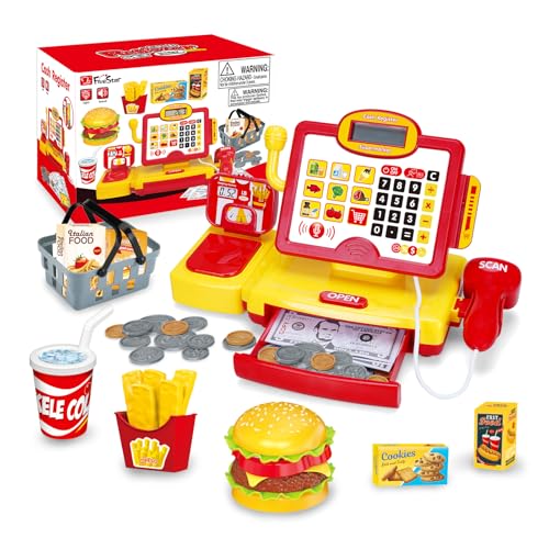 Image of FS Toy Cash Register for Kids with Barcode Scanner & Working Calculator, Pretend Play for Toddlers 3-5 Grocery Store Shopping Playset, Kids Cash Register with Play Money for Boys and Girls 3-8