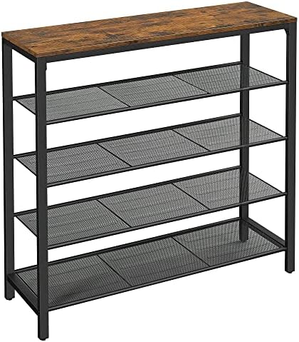 VASAGLE Shoe Rack, 5-Tier Shoe Storage Organizer with 4 Metal Mesh Shelves for 16-20 Pairs and Large Surface for Bags, for Entryway, Hallway, Closet, Industrial, Rustic Brown and Black ULBS15BX