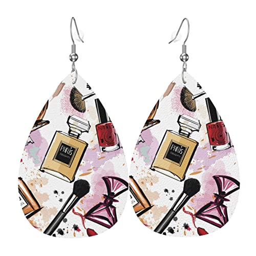 Boucles d'oreilles pendantes en cuir imprimé sur le thème des cosmétiques et du maquillage, boucles d'oreilles pendantes pour femmes, boucles d'oreilles à tige pour filles, taille unique, Polyester Cover