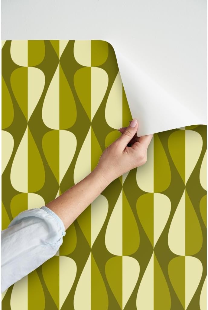 Peel & Stick Wallpaper 3ft x 2ft - Green Retro Spades Mid Century Modern Vintage Cool 70S 60S Avocado Hourglass Teardrop Oval Custom Removable Wallpaper by Spoonflower