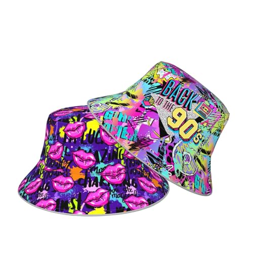 Image of YETTA YANG 90s Ccolorful Lip Bucket Hat Beach Summer Sun Hat Reversible Fisherman Hats Double Sided Wearing for Women Men Boys Girls, Large