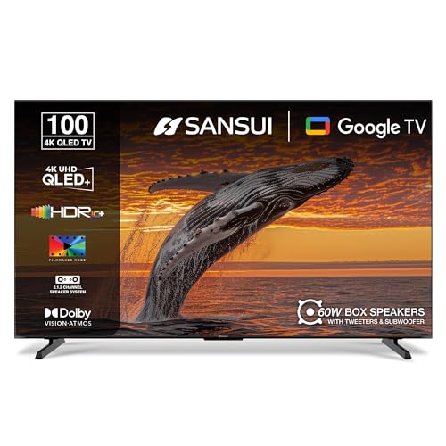 Image of SANSUI 254cm (100) 4K QLED+ Smart Google TV with Dolby Vision, HDR10+, Antiglare Display, 60W Dolby Atmos Sound with Subwoofer, 120Hz Refresh Rate, MEMC JSW100GSQLEDFF (Black)