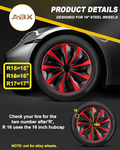 Image of ABX Hubcaps,16 inch hubcaps Set of 4, Wheel Rim Cover ABS Material, Snap On Car Truck SUV Replacement, for Toyota Camry Nissan Mazda etc, Black & Red