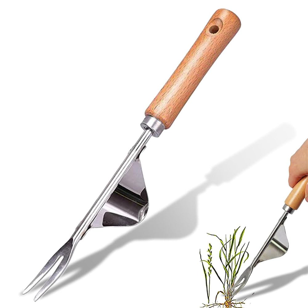 JZS Garden Hand Weeder Weeding Tools Gardening Stainless Steel Garden Weeder Tool for Yard Lawn and Farm,Wood Handle,Style 1