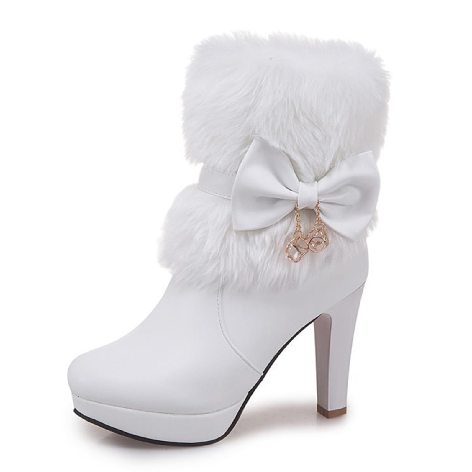 Womens Furry Chunky Heel Ankle Boots Comfortable Round Toe Side Zipper High Heel Winter Warm Short Boots Grace