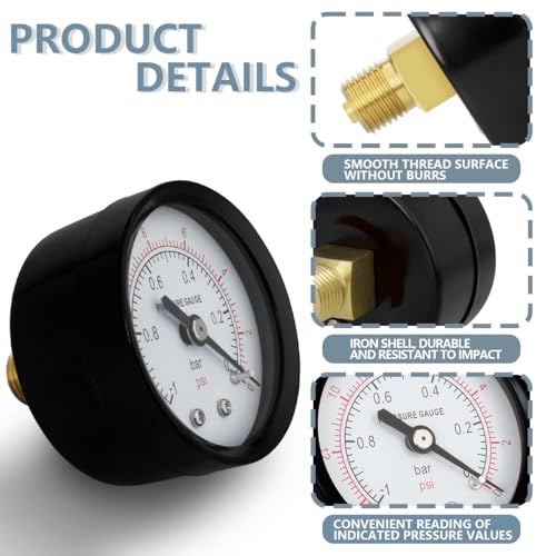 Innfeeltech 1 Stück 50mm Vakuummeter BSP 1/4„ -1~0 Bar -14~0 Psi mit 2 Stück Buchse 1/4“ bis 3/8„, 1/4“ bis 1/2„ und 1 Stück Sechskantnippel 1/4“ bis 1/8“, ein Teflonband, Axial