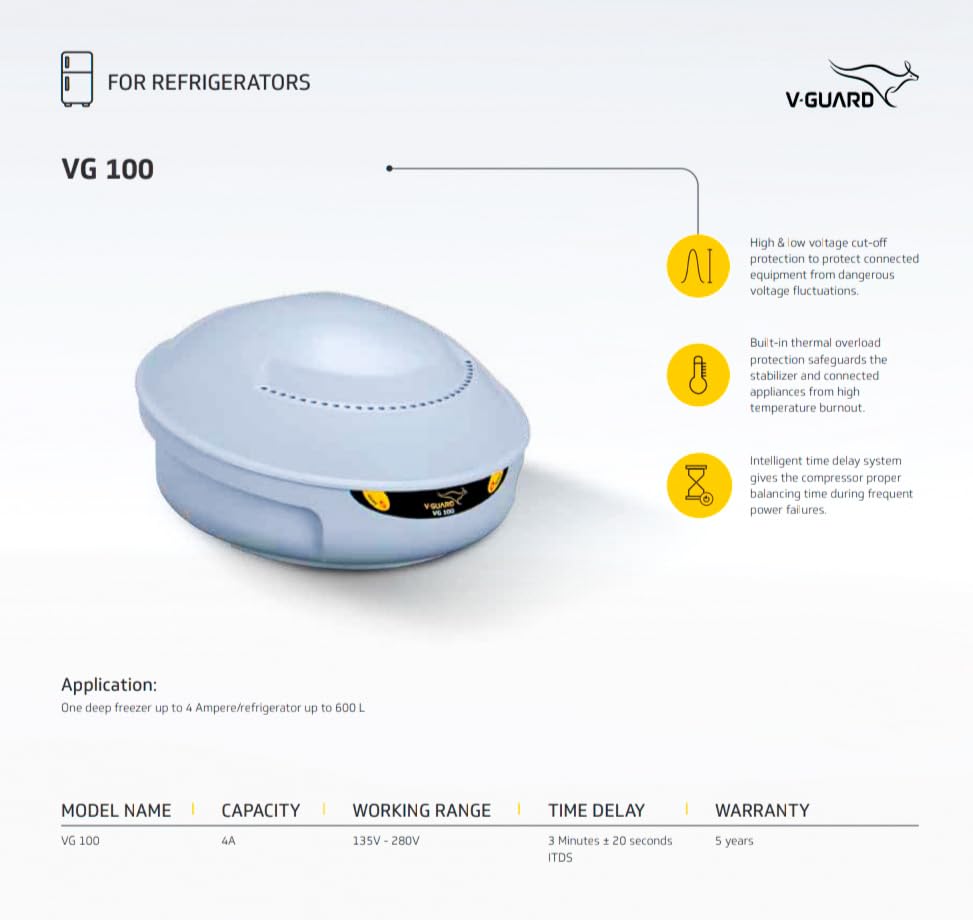 Image of V-Guard VG 100 Voltage Stabilizer for Refrigerator & Water Dispenser upto 600L (Range: 135-280 V; 4 A)