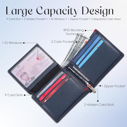 Succor Genuine Leather Mens Wallet – Slim Bifold RFID Blocking Wallet for Men with Zipper Pocket, 9 Card Slots, ID Window, Strong Stitching, Gift Box – Blue2
