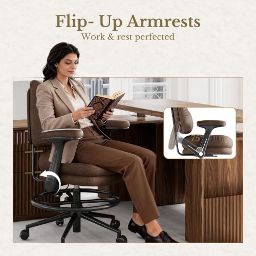 Image of Drafting Chair, Tall Leather Office Desk Chair, Vintage Brown | Extra Thick Cushion, Padded Flip-Up Armrests, Mid-Back Cushioned Seat, 360 Swivel Rolling Computer Desk Chair