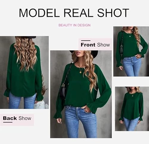 Dokotoo Womens Ladies Elegant Bell Long Sleeve Spring Summer Tops Crewneck Chiffon Office Work Shirt Tops And Blouses For Women Casual Loose Shirts Green Medium #TOP3