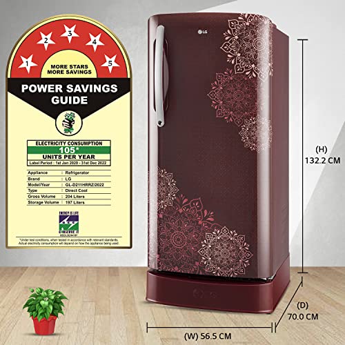 Image of LG 204 L 5 Star Direct-Cool Inverter Single Door Refrigerator Appliance (??GL-D211HRRZ, Ruby Regal, Base Stand with Drawer & Smart Connect, 2022 Model)